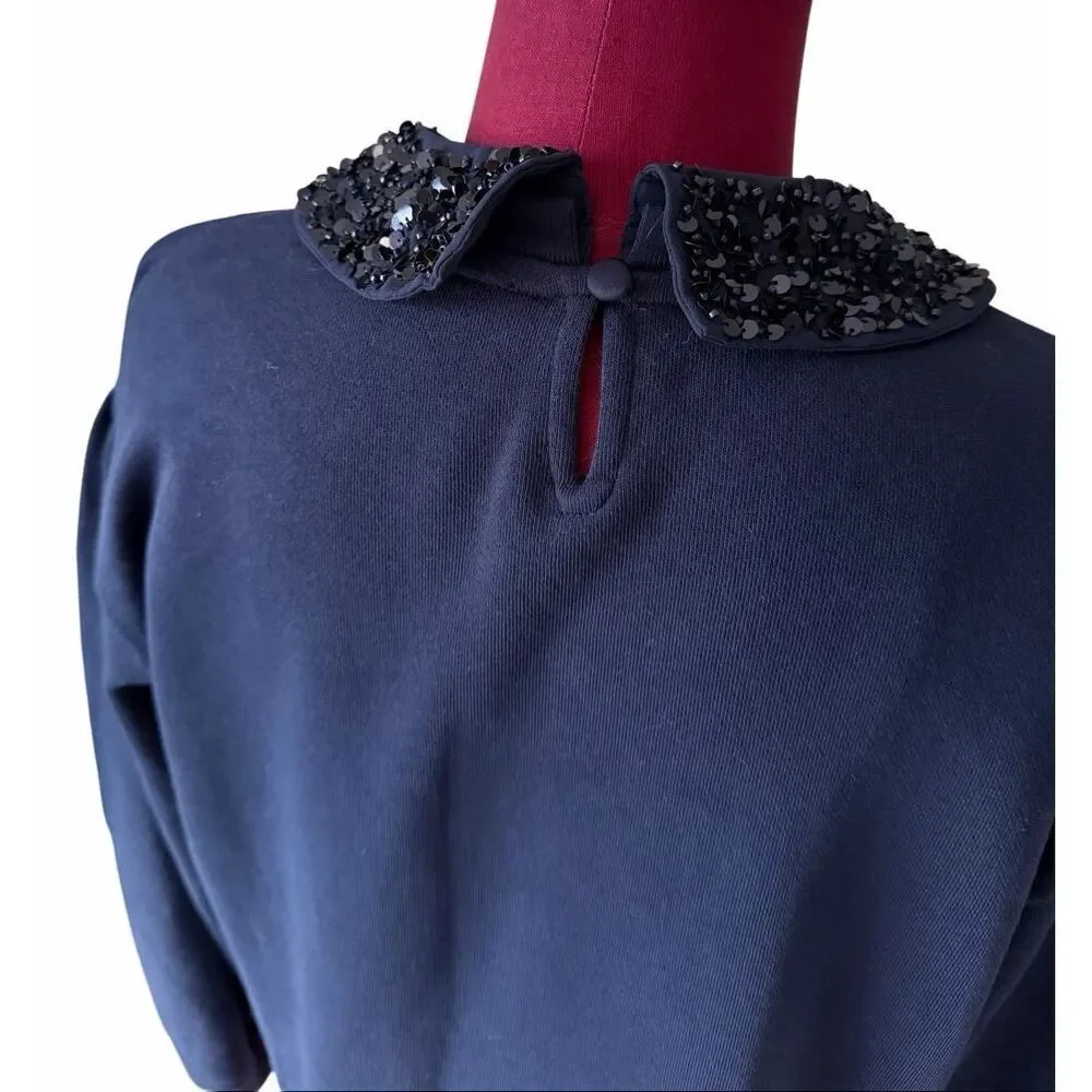 J CREW Crewneck Sweatshirt Top Crystal‎ Peter Pan Collar Navy Blue XS